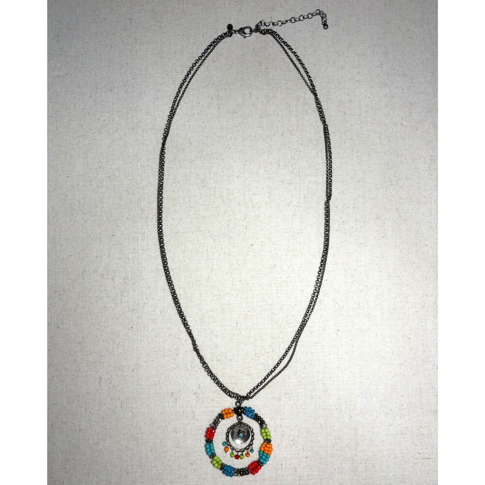 Chico's Necklace multicolor beaded boho pendant silver and brass boho hippie 39"